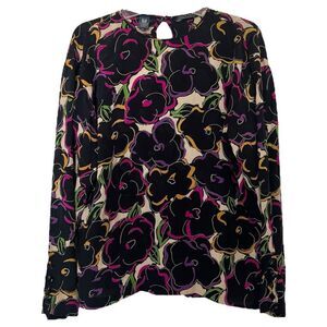 Emanuel Ungaro Parallele Silk Blouse 10 Colorful Vtg 80s Mod Floral Textured Top